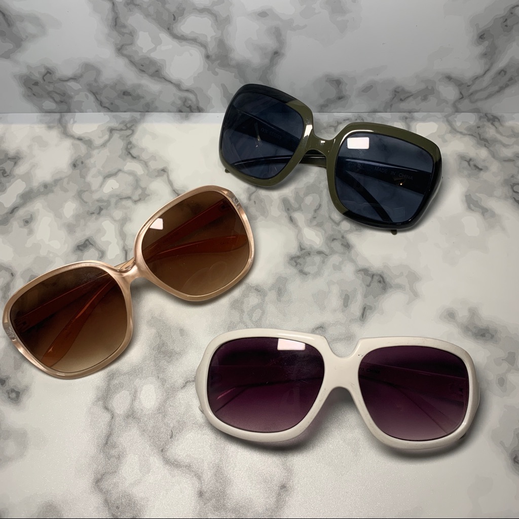 3 Pairs Oversized Vintage Sunglasses White, Peach, Green & Black